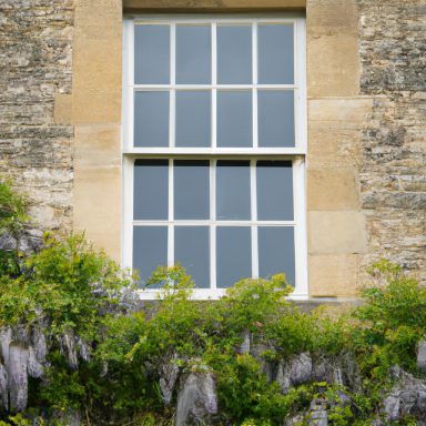 Large sash window surrounded by blooming wisteria.