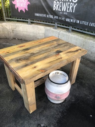 Rustic table, reclaimed pine and iron straps